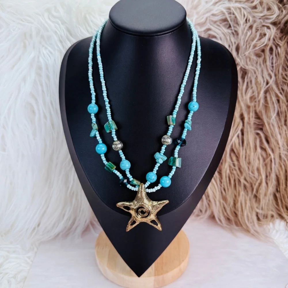 Vintage faux Turquoise and Aged Silvertone Starfish Pendant Necklace